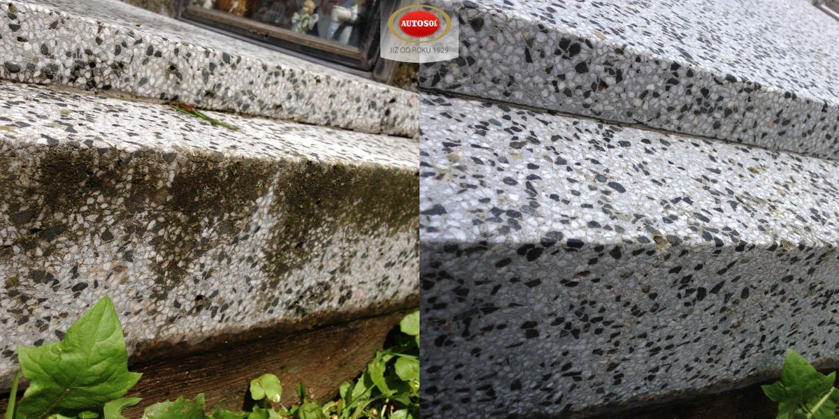 Čištění hrobu před a po pomocí Marble & Granite Cleaner Autosol