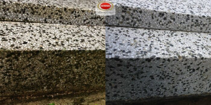 Čištění hrobu před a po pomocí Marble & Granite Cleaner Autosol