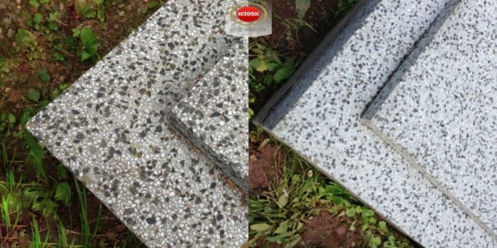 Čištění hrobu před a po pomocí Marble & Granite Cleaner Autosol